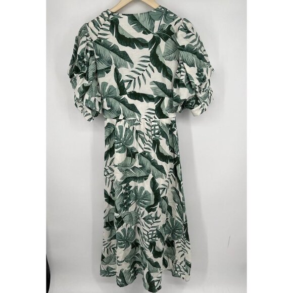 Johanna Ortiz x H&M Linen Blend Midi in Green Palm Leaf Dress Size XS Boho - Picture 5 of 5